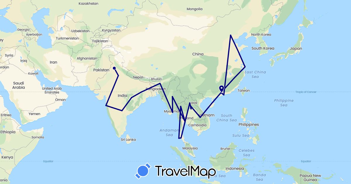 TravelMap itinerary: driving in China, India, Laos, Myanmar (Burma), Thailand (Asia)